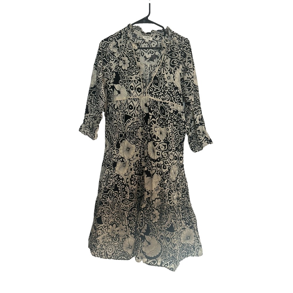 Umgee Black Vintage Garden Shirt Dress Tiered Midi Length w/ Puff Sleeves sz S - Picture 3 of 9